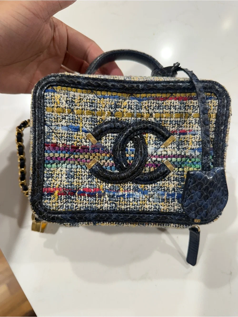 CHANEL Multicolor Tweed Vanity Crossbody with Navy Leather Trim